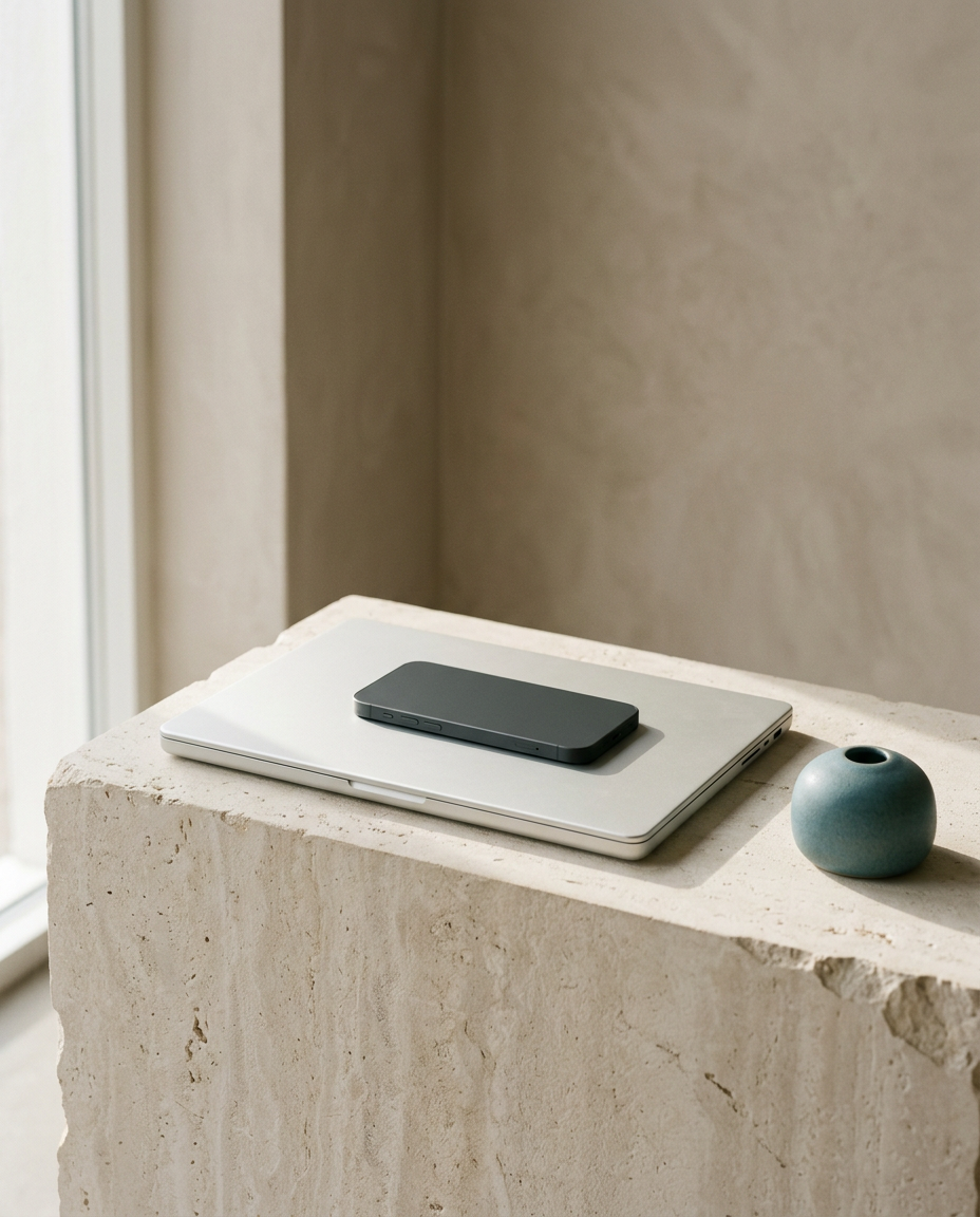 A closed laptop with a smartphone resting on top, placed on a stone plinth in soft daylight